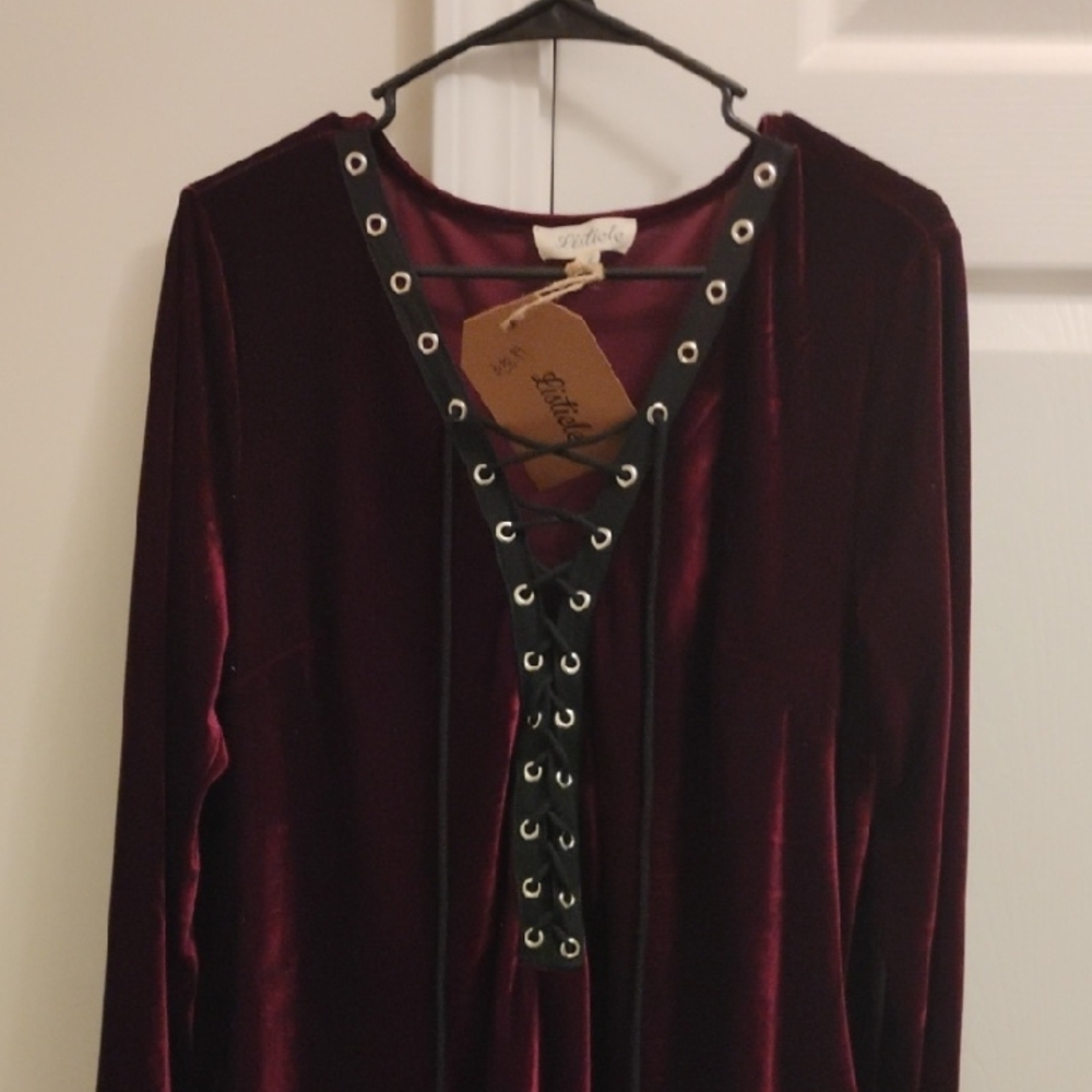 Listicle Burgundy Midi Dress with Lace-Up Detail
